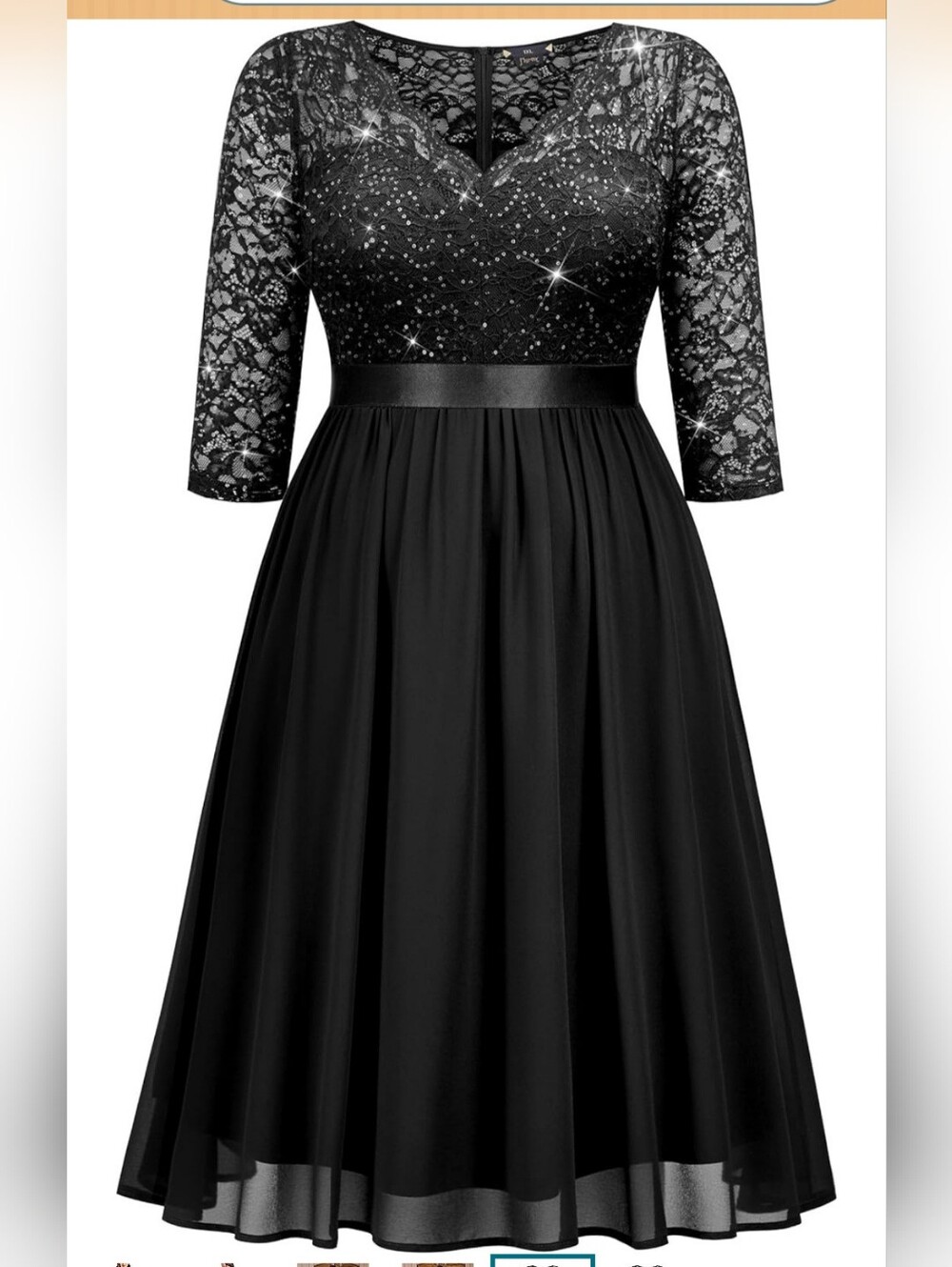Black Lace & Chiffon A-Line‎ Long Sleeve Dress